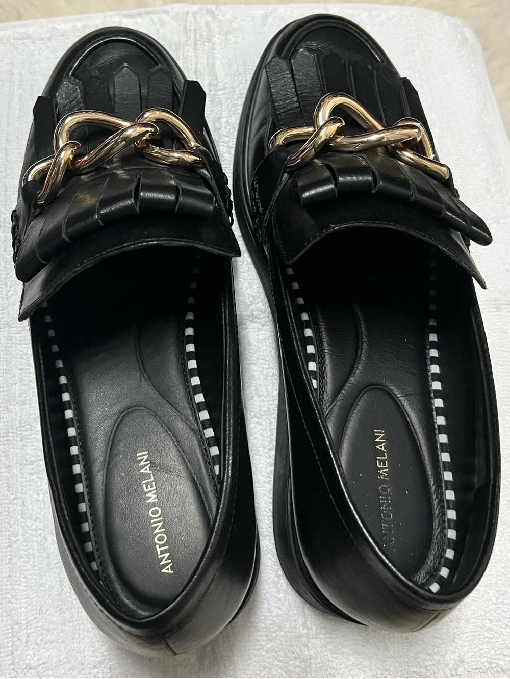 ANTONIO MELANI Black Loafers with Gold Chain Accent